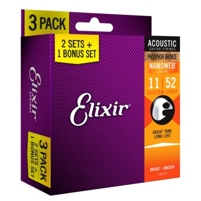 Elixir 3-Pack Phosphor Bronze NANOWEB Acoustic Guitar Strings Custom Light 11-52