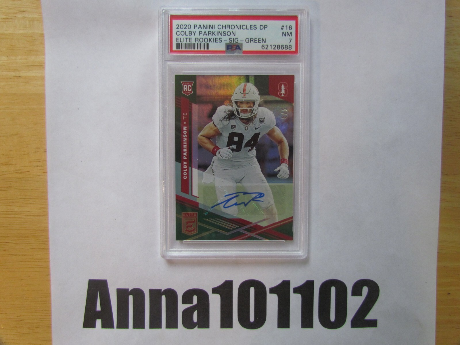 Colby Parkinson Panini Chronicles Draft Picks Elite Rookies #16 Signature-Green