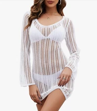 Avisky L White Crochet Summer Swimwear Beach Swimsuit Open Back Coverup