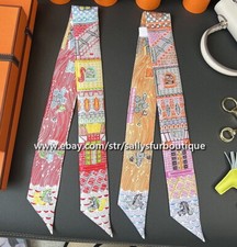 Sallys 18 Momme Twill Silk Scarf Ribbon Horse Print Head Bag Neck Tie 33" 2"