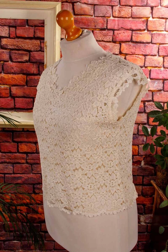 Vintage Orig 60S Top Crema Bianco Pizzo Rockabella Trasparente M - Immagine 4 di 4