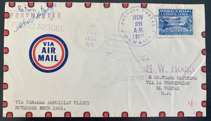 1931 Panama Amphibian Flight Airmail Cover To David Via La Concepcion