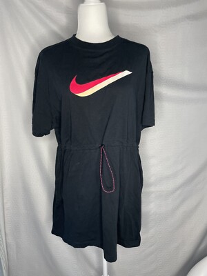 NIKE Sportswear Icon Clash Women's Black Knit Dress Drawstring Waist Size L 