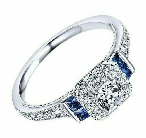 Halo Style 1.40 CT Round Simulated Sapphire 935 Silver Anniversary Women's Ring - Picture 3 of 9