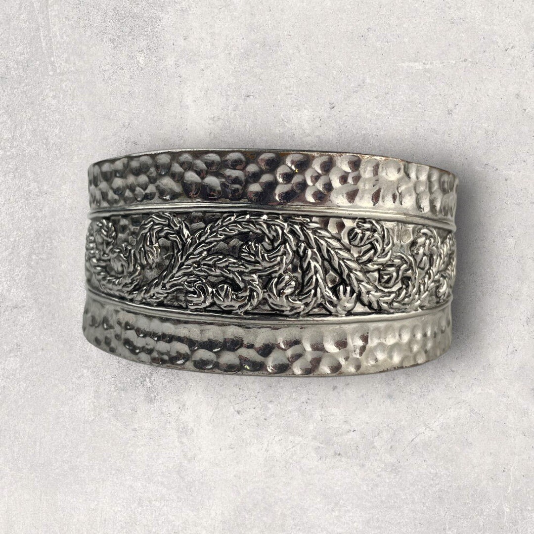Silver Tone Hinged Bangle Bracelet Hammered Leaf … - image 1