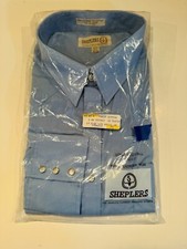 Vintage Sheplers Western Shirt New Long Sleeve Poly Cotton Blue 18.5x35 Tall