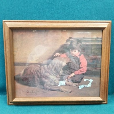 VTG Jim Daly 1980 Wood Framed Print Boy & Dog Golden Retriever 17x14 w/Info