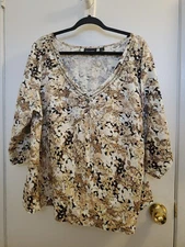 Avenue 18/20 Blouse, 3/4 Sleeve, Earthtone Colors, Linen Rayon, Embroidered Plus