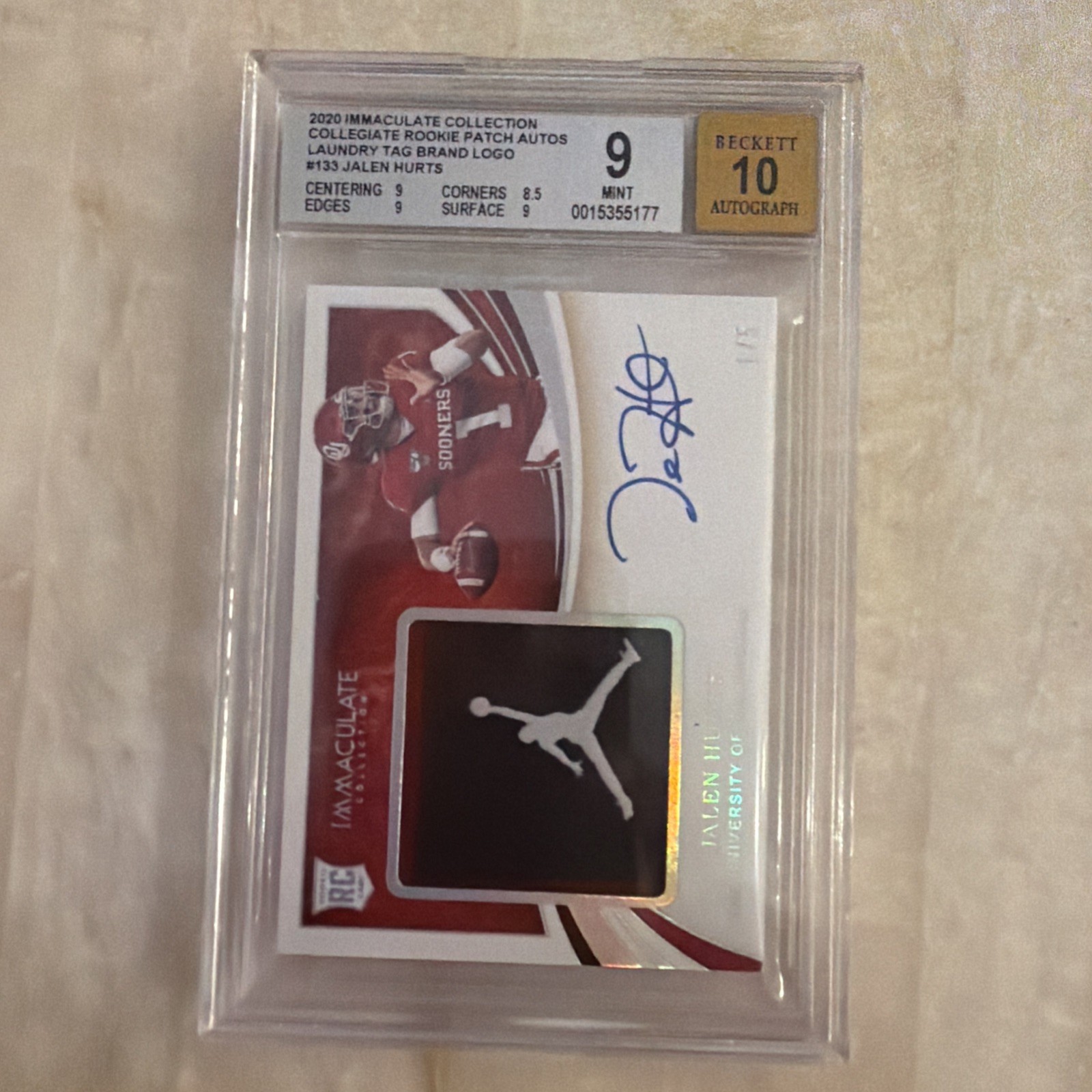 Jalen Hurts Panini Immaculate Collegiate #133 Autograph Patch Brand Logo