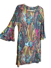 Tommy Hilfiger Vibrant Paisley Bell Sleeve Dress Size 10 Stretch Boho Shift