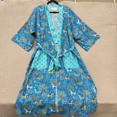 Print Fresh Robe Womens L/XL Blue Horses Show Pony Whimsical Belted Pockets