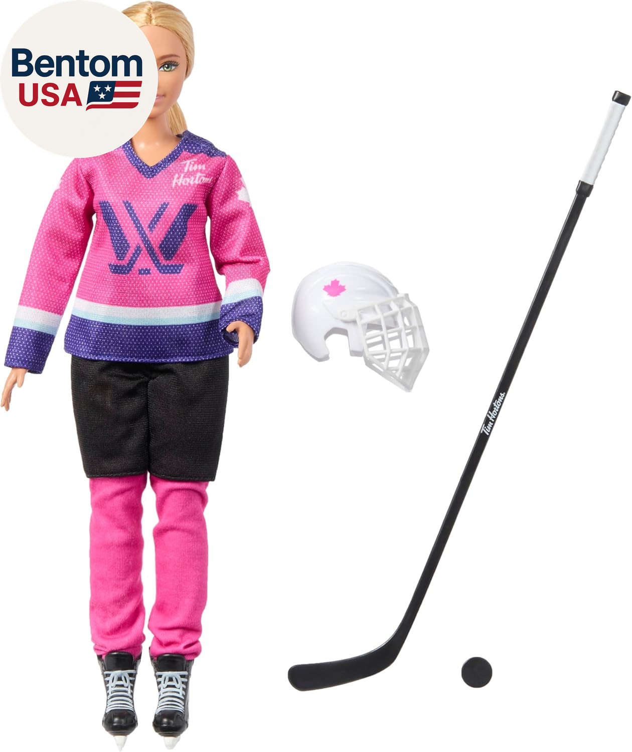 Muñeca de moda Tim Hortons PWHL 2025 en camiseta de hockey rosa, púrpura y verde azulado, incluida