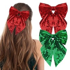 Red Green Hair Bows for Women Girls, Large Sparkly Sequin Bows with Tail,