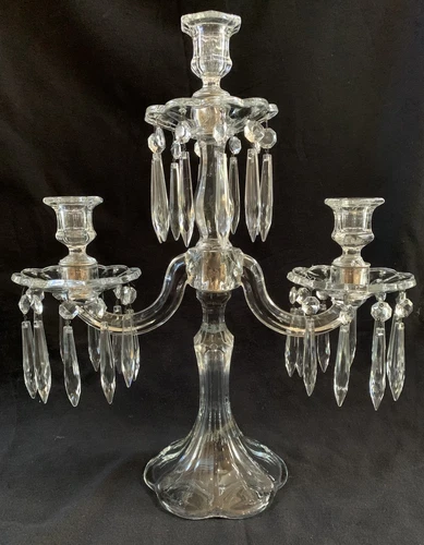 Vintage Duncan & Miller No. 65  Glass 3 Light Candelabra W/ Bobeches & Prisms