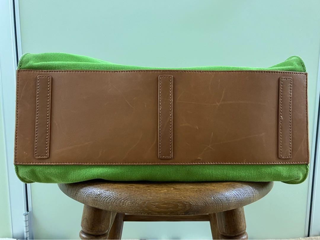 RALPH LAUREN Ricky Canvas Tote Bag Green Leather Handle Italy 