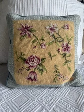 Vintage Needlepoint Floral Pillow Light Blue And Yellow With Flowers 13”