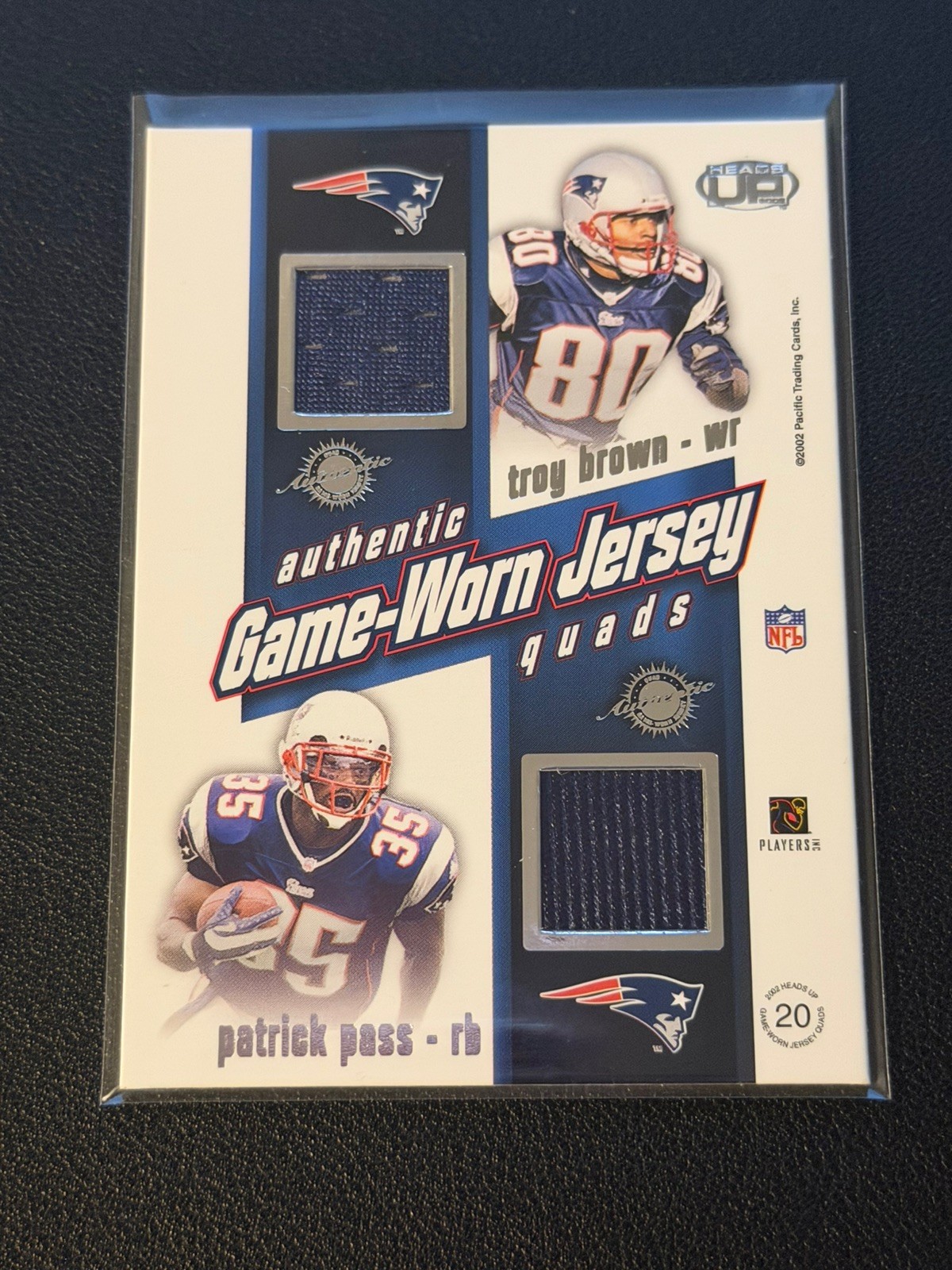 2002 Pacific Heads Up Game Worn Jersey Quads Tom Brady Drew Bledsoe Troy Brown view 2