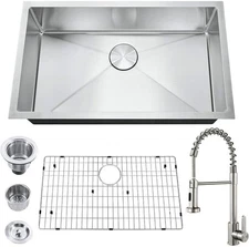 30" Undermount Kitchen Sink Single Bowl Stainless Steel Handmade Sink w/Faucet