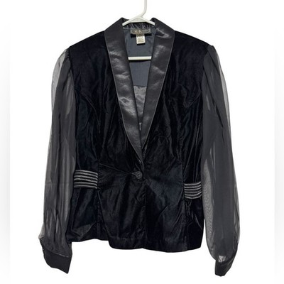 Vintage Black Velvet Sheer Blazer Jacket Size 14 Tuxedo Gothic Vamp Formal Dark