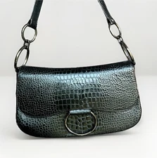 Stuart Weitzman Alligator Embossed Leather Frame  Handbag Black Silver