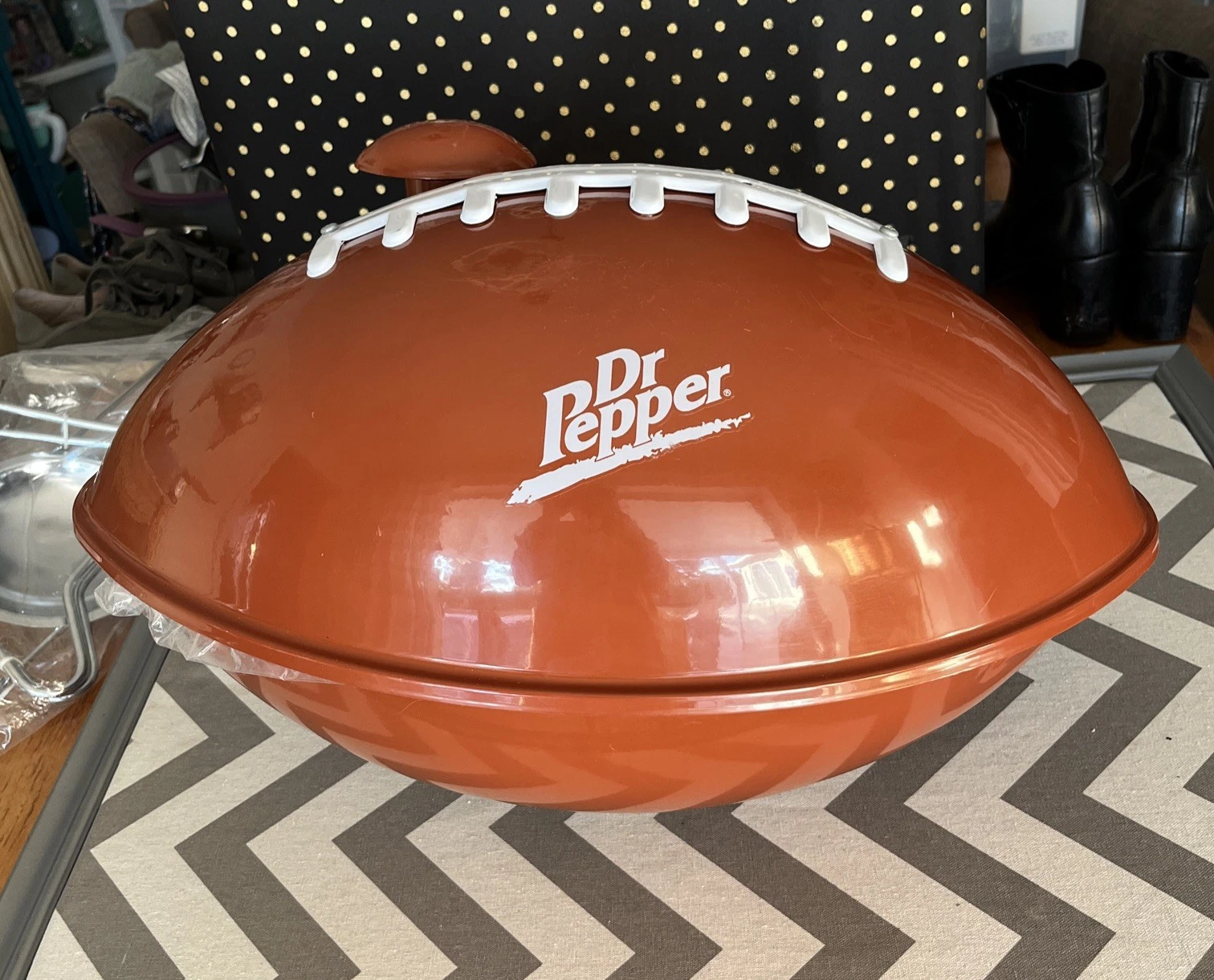 New Dr. Pepper Football Shaped Portable Charcoal BBQ Grill Tailgate Novelty
