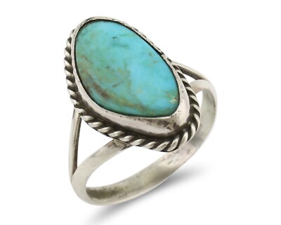 Navajo Ring 925 Silver Natural Turquoise Artist Signed Rabbit Stick C.80's