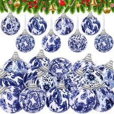 24 Pcs Christmas Blue and White Ornaments Chinoiserie Hanging Ball Fabric Wra...