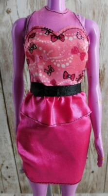 Barbie Pink W/ Bows Black Belt Accent Fitted Dress Sheer Neckline