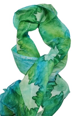 Aqua Blue Sea Green Artisan Silk Scarf Sugar Maple Leaf Sun Print Annie Sky