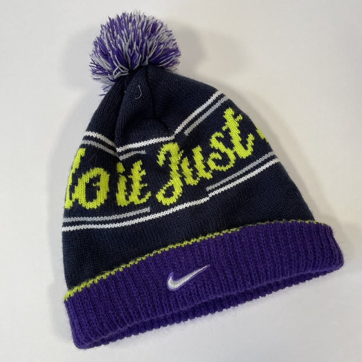NIKE Just Do It Cuffed Beanie Hat Youth One Size Knit Purple Green - Main Image