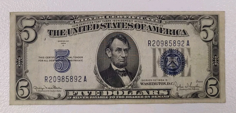 1934 five dollar silver seal note one dollar bill 1977 $2 banknote 1976 - Image 4 of 4