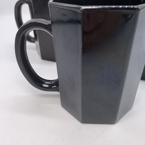 4 Arcoroc France Octime Black Glass Octagon 8 Oz Coffee Mugs France Vintage - Picture 5 of 6