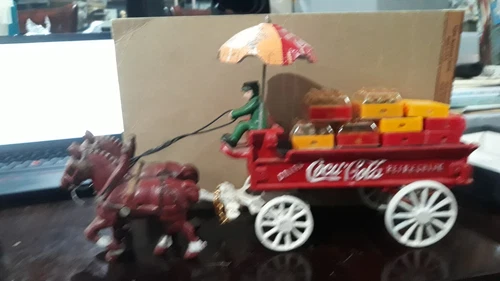 Vintage Metal Coca Cola Horse & Buggy with crates of bottles