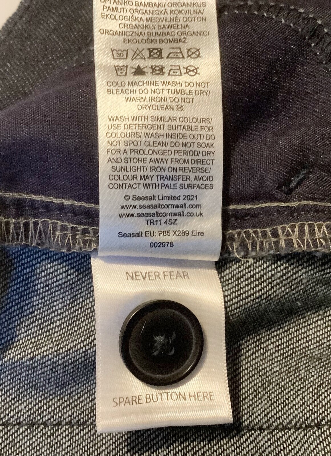 SEASALT UK 10 Marsland Tapered Trousers. Dark Indigo Wash Denim