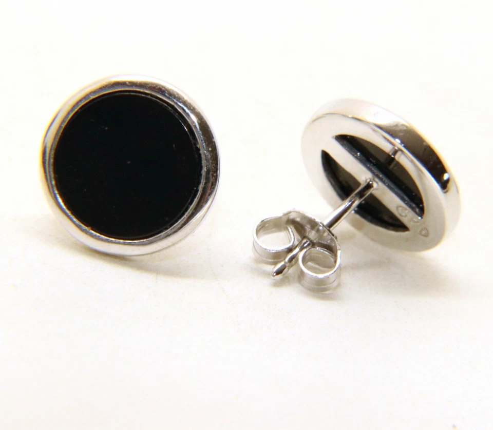 orecchini argento 925 bottone tondo 12mm onice nero levigato cerchio uomo donna - Immagine 3 di 4