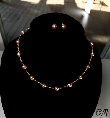 Vintage Light Rose Gold Faux Pearl and Gold Tone Chain Necklace & Earrings 18 In