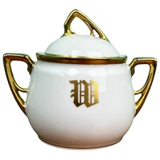 KPM German Porcelain Sugar Bowl Monogram W M White Gold Metallic