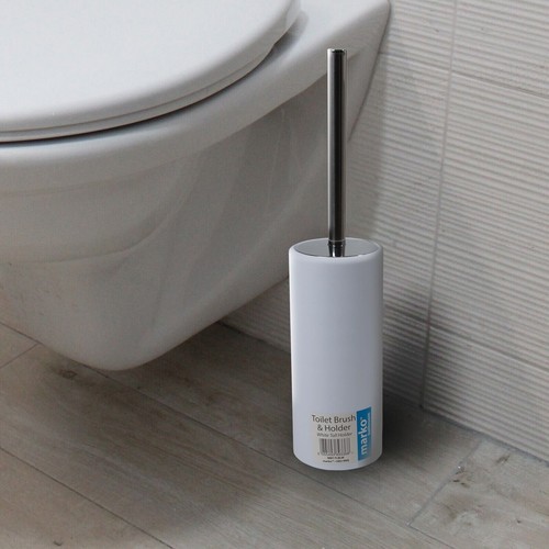 2 x Toilet Brush and Tall Holder Set Stainless Steel Handle White Bathroom Clean - Picture 2 of 4