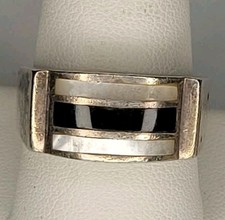 vintage unisex sterling silver mother of pearl black onyx band ring sz 10