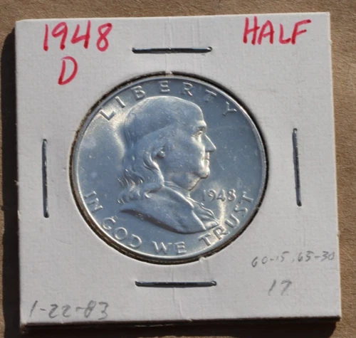 1948-D Franklin Silver Half Dollar, BU, Full Bell Lines