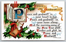 Tuck~Holly Harp Peace & Goodwill New Year Greeting~Vintage Postcard