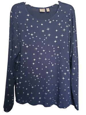Chico's Blue Foiled Celestial Stars Lightweight Long Sleeve Knit Top Size 2 LGE