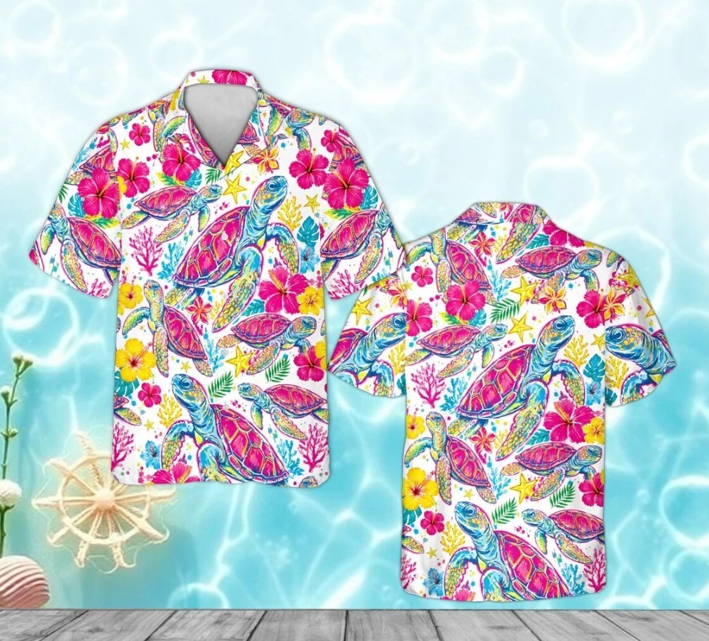 Marine Life Hawaiian Shirt, Tropical Beach Vacation Button Up, Colorful Ocean