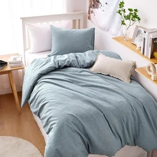 Cotton Duvet Cover Set, Twin Size, Light Blue, 100% Washed , Linen Like