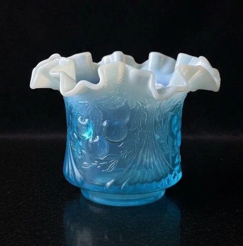 Fenton for LG Wright Blue Opalescent Cherry and Cable Ruffled Vase MCM 1960s