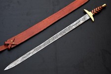 CUSTOM MADE HAND FORGED DAMASCUS STEEL VIKING SWORD W LEATHER SHEATH 2577