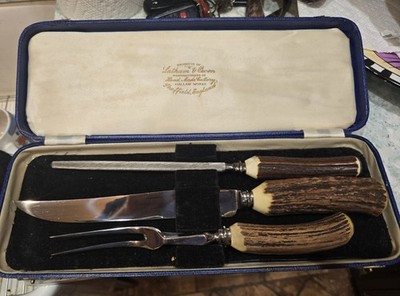 Latham & Owen Ltd. Excalibur Sheffield England Stag Carving Knife Set In Case