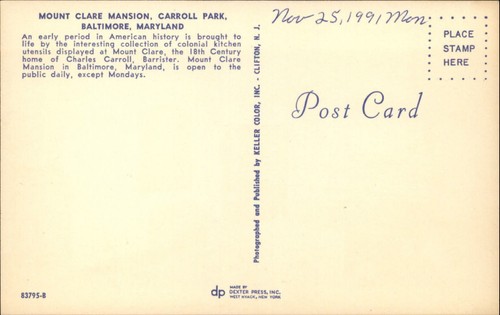 Baltimore Maryland Mount Clare Mansion colonial kitchen rifle vintage ...