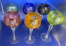 Six Colorful Cut To Clear vVintage Bohemian Glass 8" Wine Hocks