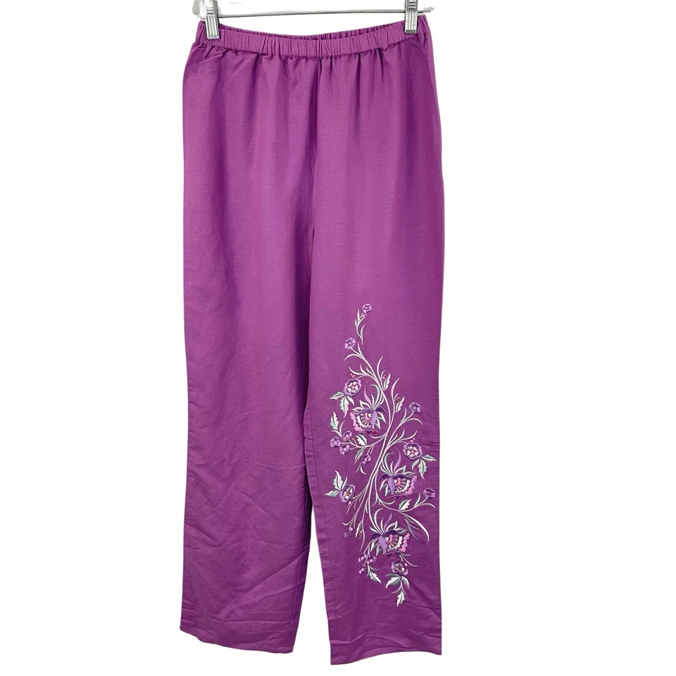 Bob Mackie 刺绣亚麻混纺裤子弹力腰围,尺寸 S 夏季 — 第 2/4 张图片